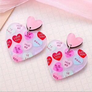 Acrylic Heart Dangling Earrings Conversation Hearts